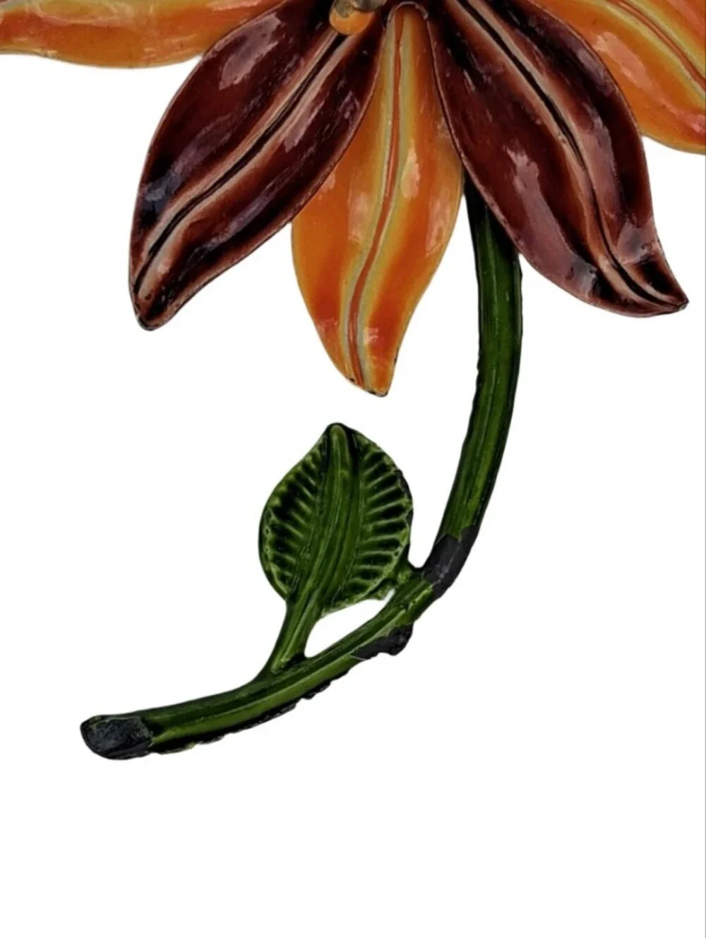 VTG 1960s Enamel Flower Power Brooch Orange Brown Tiger Lily Stem Pin